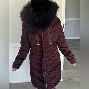 Burgundy TAHARI Real Fur-Trim Hooded Down Coat